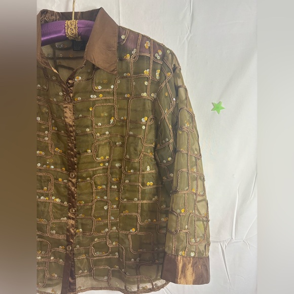 90’s VTG Satin Sequin Semi Sheer Textured Brown Gold Women’s Button Down Size M - Picture 11 of 14